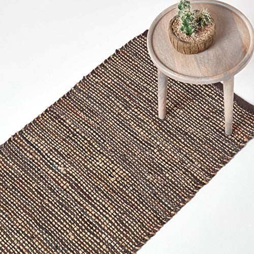 Homescapes Teppichläufer Madras braun 66x200 cm – handgewebter Teppich aus Hanf & Recycling-Leder, Flachgewebe im Streifen-Design