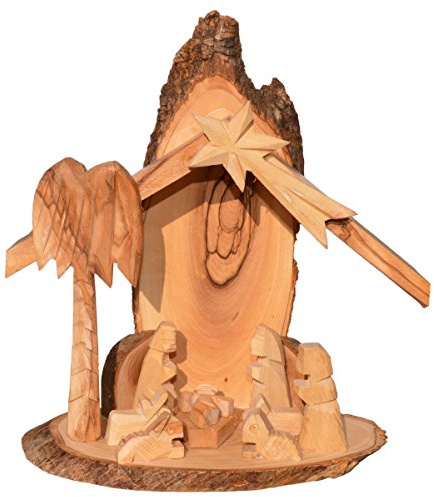 Junker Verlag Olivenholz Krippe - Holz Weihnachtskrippe aus Olivenholz mit Baumrinde 24cm groß - handgeschnitzt in Bethlehem