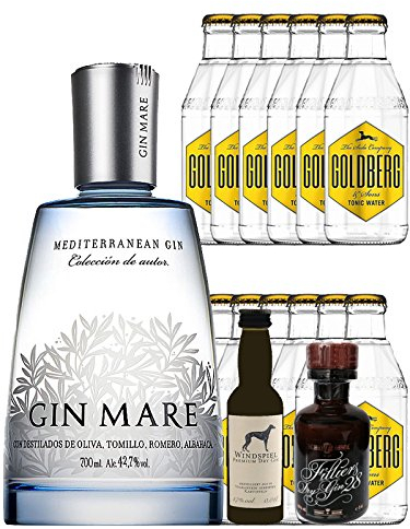 Gin-Set Gin Mare aus Spanien 0,7 Liter + Windspiel Premium Dry Gin Deutschland 0,04 Liter + Filliers Premium Dry Gin Belgien 0,05 Liter MINIATUR, 12 x Goldberg Tonic Water 0,2 Liter