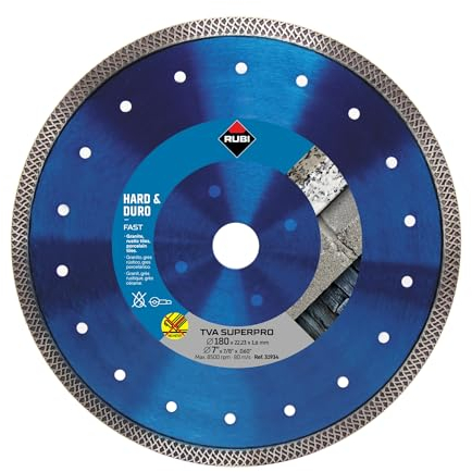RUBI | Hard Materials Turbo Viper Diamond Blade | Dry Cutting of Granite, Rustic Tiles, Klinker, Refractories, Slate and Porcelain Tiles | Inside D.: 22,2 mm | Outside D.: 180 mm | TVA-180 SUPERPRO