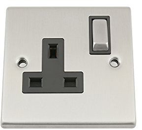 Single Plug Socket 1 Gang - Satin Chrome - Square - Black - Metal Rocker Switch - 13 Amp
