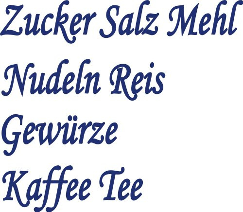 Küchenset 8x blaue Aufkleber Beschriftung für Vorratsdosen, Vorratsglas, Frischhalteboxen aus Plastik, Glas oder Metall (Text Zucker, Salz, Mehl, Nudeln, Reis, Gewürze, Kaffee, Tee) konturgeschnitten aus Folie, wasserfest und selbstklebend
