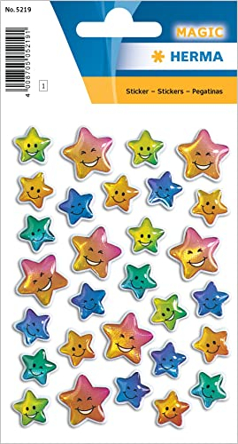 HERMA 5219 Aufkleber Sterne klein, 29 Stück, 3D Belohnung Sticker mit Smiley Emoji Gesicht Motiv, Kinder Etiketten für Schule Grundschule Schüler Tagebuch Scrapbooking Geburtstag Deko DIY Basteln