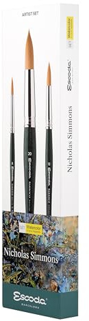 Escoda Signature Series Artist Watercolor Brush Set, Nicholas Simmons Set #1, Barroco Synthetic Gold Toray, Size (Round(8, 12, 20