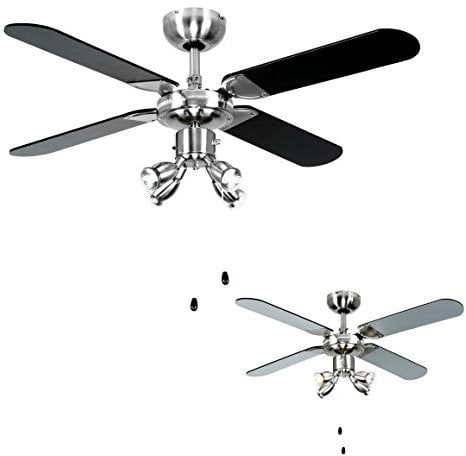 MiniSun Chrome 42 Modern Ceiling Fan with Spot Lights & Black/Silver Reversible Blades - Complete with Remote Control