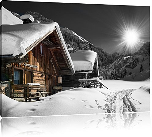 Pixxprint wunderschöne verschneite Alpenhütten B&W, Größe: 120x80cm, Leinwandbild, fertig gespannt, Wandbild, Dekoration, Kunstdruck, kein Poster