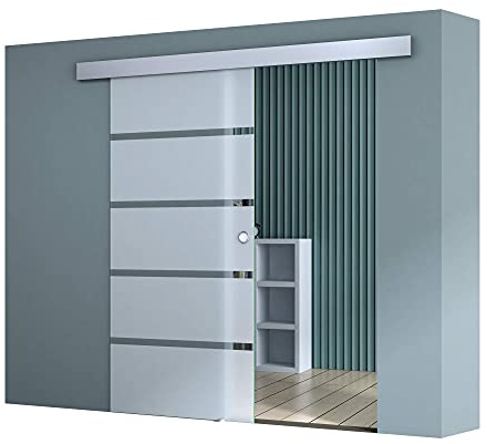 doporro Glasschiebetür Komplettset Softclose 102,5 x 205 cm | 15mm Wandabstand | Schiebetür mit ESG-Sicherheitsglas | Zimmertür Glas mit 5-Milchglas-Streifen mit Muschelgriff | Amalfi-Plus 11