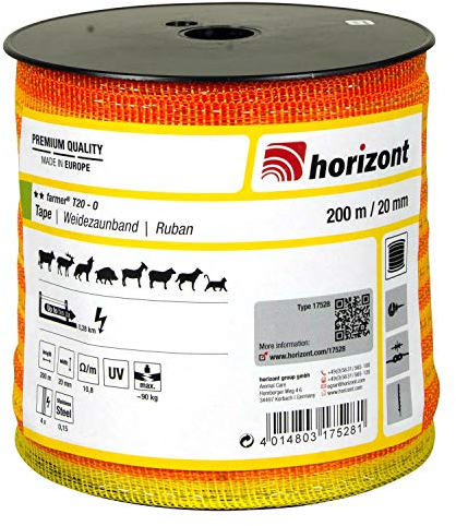 horizont Weidezaunband farmer T20-O, 200 m lang, 20 mm breit, Breitband Litze, Weidezaun Strom, Elektrozaun, für kurze Zäune, 90 kg Bruchlast, Band, Litze Weidezaun