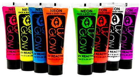 24x UV Glow 10ml Vernice Fluorescente Pelle Viso Corpo Colore UV - 8 Colori Diversi - Neon Glow Fluo