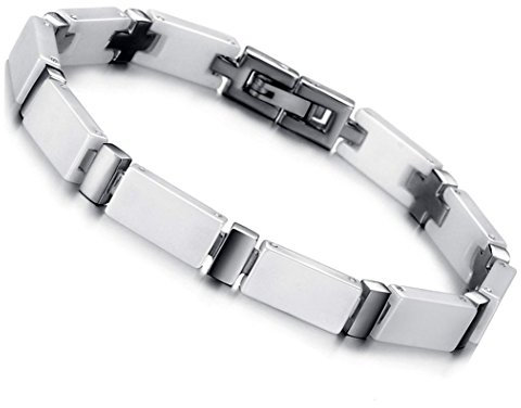 Flongo Keramik Armband Damen Porzellan Armkette weiß silber Herren Armreif Freundschaftsarmbänder Paar Pärchen Armbänder weiss Silber couple bracelet für Frauen Männer