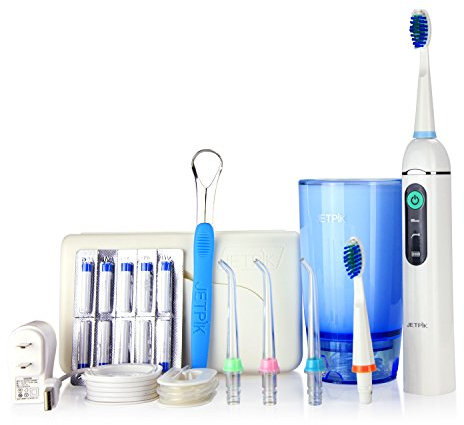 JETPIK 200 (Elite) 3 in 1 System: Elektrische Zahnseide mit Impuls - Munddusche und Schallzahnbürste in einem Handstück - zur Reinigung der Zahnzwischenräume aufladbar mit Reiseset