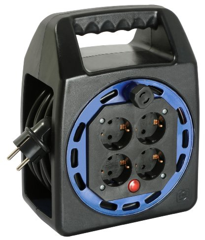 as - Schwabe enrollacables de 10 m H05VV-F 3G1,5-4 tomas 230 V / 16 A / 3.500 W - Protección contra sobrecalentamiento - IP20 - Carrete Negro/Azul, 16410