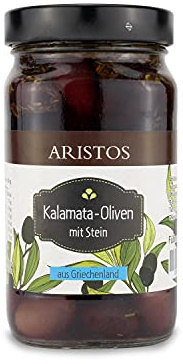 ARISTOS Original Griechische Kalamata Oliven mit Stein aus eigenem Anbau – 1x 320 g Glas (Abtropfgewicht) leckere im Hausrezept eingelegte Kalamon Oliven ungeschwärzt