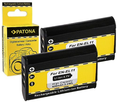 PATONA 2X EN-EL11 Batterie 600mAh 3.7V Compatible avec Nikon Coolpix S550 S560 S600 Olympus C-575 FE-370 X-880 Pentax Optio L50 M50 M60 Ricoh R50 Sanyo Xacti VPC-E10 ENEL11 D-Li78 DB-80 DB-L70