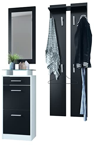 Vladon Garderobenset Garderobe Loret V2 Mini, Korpus in Weiß matt/Front in Schwarz matt