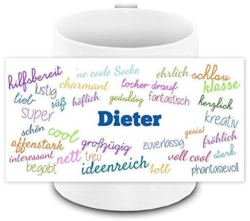Tasse mit Namen Dieter und positiven Eigenschaften in Schreibschrift, weiss | Freundschafts-Tasse - Namens-Tasse