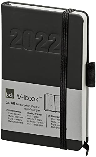 bsb Terminkalender Wochenplaner Taschenkalender Buchkalender, 2025, ca. A6 - schwarz - weiches Kunstleder - mit Gummiband - 1 Woche = 2 Seiten, bsb V-Book, 02-0130