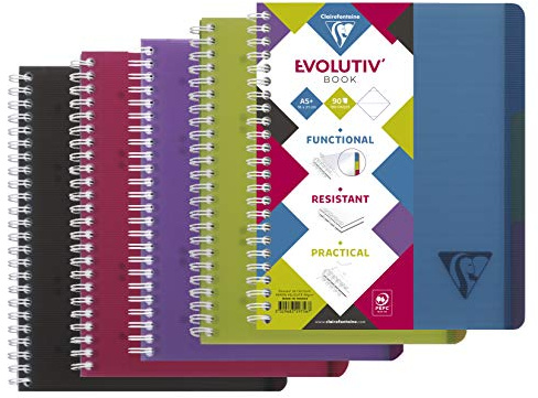 Clairefontaine 329756C – Skolbok med dubbel spiral/spiralhäfte Evolutiv'Book linjfärg intensiv, 4-vägs perforerade mikroperforerade 16 x 21 cm, 90 ark 90 g linjerat med huvudlist, sorterad färg, 1