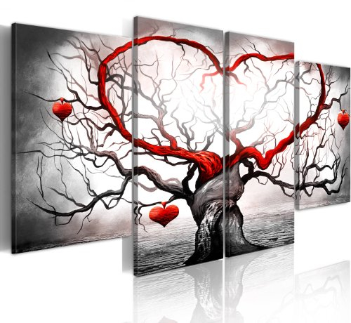 B&D XXL - Wandbilder XXL Liebe 160x80 cm Vlies Leinwandbild 4 Teilig Kunstdruck modern Wandbilder XXL Wanddekoration Design Wand Bild - Love Baum grau rot Abstrakt 5717