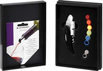 Le Creuset Set de regalo con sacacorchos sommelier de doble palanca, 5 hojas antigoteo, 6 marcadores de copas, GS142