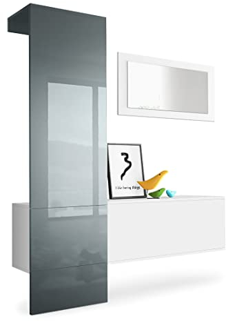 Vladon Garderobe Carlton Set 4, Made in Germany, Garderobenset bestehend aus 1 Garderobenpaneel, 1 Schrankmodul und 1 Wandspiegel, Weiß matt/Grau Hochglanz (156 x 193 x 35 cm)