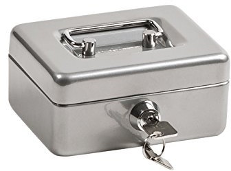 ProfiOffice Geldkassette aus Stahlblech | abschließbar | Münzgeld-Einsatz herausnehmbar | 12.5 x 9.5 x 6 cm | Kasse mit 2 Schlüsseln | geeignet als Spardose, Trinkgeldkasse | Silber (10038)
