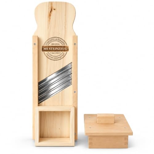 MS-Steinzeug Krauthobel 95x24cm, 4 Edelstahlmesser, Fingerschutz | Krautschneider aus Holz in Handarbeit – mit 4 rostfreien, nachschärfbaren Edelstahlmessern und geführtem Schlitten