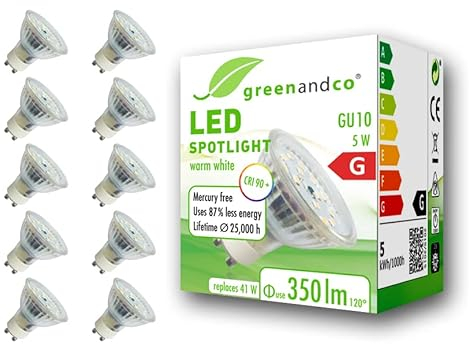 greenandco 10x GU10 LED Spot | 5W 350 lm | 3000K warmweiß | 110° | 230V | CRI 90+ | flimmerfrei | nicht dimmbar