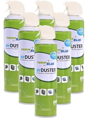 Green Blue Druckluftspray Set 6x 600ml | Air Duster mit Pistolen-Zerstäuber & Sprühröhrchen | FCKW-frei zur kontaktlosen Reinigung von Elektronik Tastaturen Kameras u.v.m.