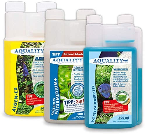 AQUALITY Aquarium 3er Starter- & Pflege-Sparset (Algenvernichter, Wasseraufbereiter, Filtermedium - Perfekter Start mit Allen wichtigen Produkten), Set-Größe:Set 500