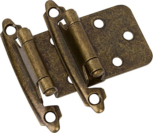 DecoBasics Antique Brass Cabinet Hinges for Kitchen Cabinets (25 Pair -50 Pcs) -1/2 Overlay (Variable) -Self Closing Kitchen Cabinet Hinges Flush Mount w/Silicon Bumpers & Upgraded Screws