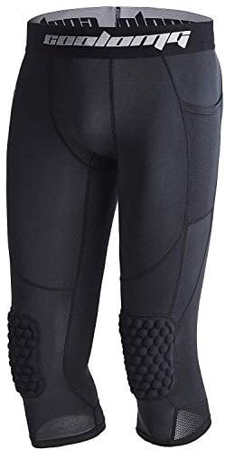 COOLOMG Basketball Trousers with Knee Pads for Children 3/4 Compression Tights Leggings Padded Capri Trousers Multi-way, Boys', Black, M (für 10-11 Jährige)