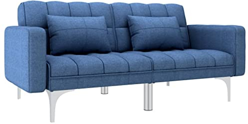 vidaXL Schlafsofa mit 2 Kissen Sofa Gästesofa Schlafcouch Bettsofa Sofabett Couch Bettcouch Polstersofa Gästebett Wohnzimmer Blau Stoff