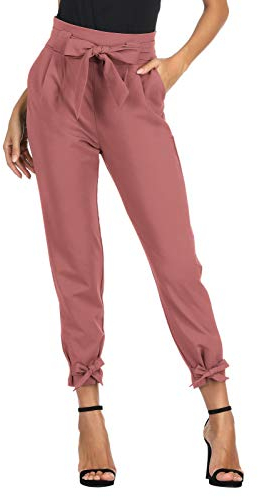 GRACE KARIN Pantaloni Segaretta Donna Eleganti di Vita Alta Decorato con Fiocco Leggero Rosa L CL10903-19