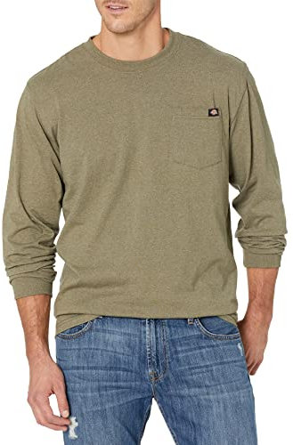 Dickies Men's Long Sleeve Heavyweight Crew Neck Work Utility T-Shirt, Military Green Single Dye Heather, Medium