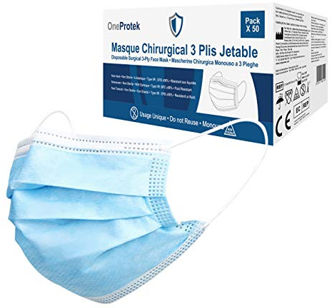 Set mit 40-50 OP Masken - Medizinisch-Chirurgische Gesichtsmaske OneProtek - Dreischichtige Typ IIR Maske - CE-Zertifiziert Norm EN14683:2019 - Einweg-Medizinische mundschutz, atmungsaktive
