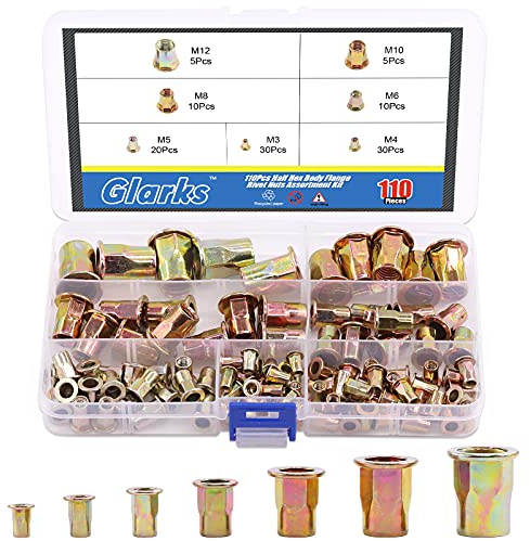 Glarks 110 Stück M3 M4 M5 M6 M8 M10 M12 Halber Sechskant-Körper-Flansch Nietmuttern Sortimentskit, verzinkter Karbonstahl Flachkopf Gewindeeinsatz Mutter Nietmutter Set