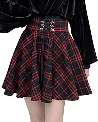 EUDOLAH Damen Mini-Faltenrock Kariert Gothic Stil A-Linie Hohe Taille Plissee Skater Rot M