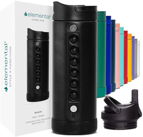 Elemental Iconic Pop Kids Water Bottles with Pop Strap - Triple Wall Leakproof Insulated Stainless Steel Water Bottle - Dishwasher Safe and BPA Free Water Bottle with Straw - Black - 414 ml