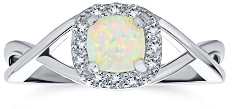 Zarte Zierliche Pave Cz Halo Kreis 1Ct Quadrat Prinzessin Solitär Erstellt Weiß Opal Verlobungsring Mit Infinity Band Edelstein Ring Für Frauen .925 Sterling Silber Oktober Birthstone