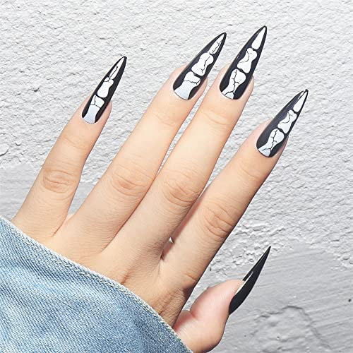 Stiletto Long Fake Nail Full Cover with Glue Detachable Black White Halloween Press on Nails 24 Pieces Finger Nail Art Tips for Nail Salons and Women DIY Nail Art