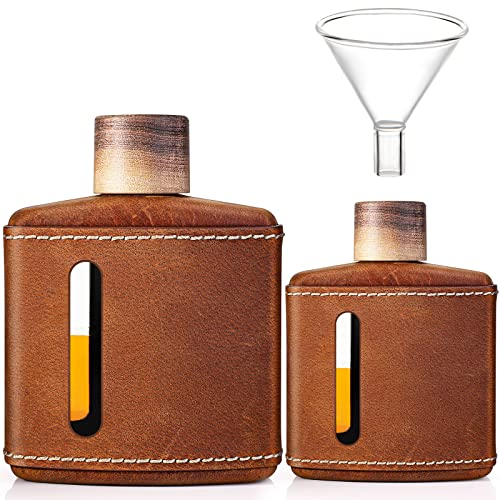 Handgefertigte Crazy Horse Leder-Flachmann für Likör für Männer, Glas-Whiskeyflasche mit Trichter und Holzdeckel, Premium-Flachmann-Set, Geschenkidee für Männer und Frauen (100 ml + 200 ml)
