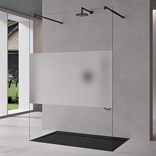 Mai & Mai Duschwand Duschabtrennung 2 Schwarze Haltestange für Walk-In Dusche 130cm 8mm Klarglas Teilsatiniert ESG-Sicherheitsglas mit Nanobeschichtung Rechteckiger Stabilisator Bremen01MS+2