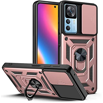LBH Armor - Coque de protection pour Xiaomi 12T/12T Pro - Avec protection de l'appareil photo - Extérieur - Anti-chocs - Anneau en métal à 360 ° - Support de téléphone portable - Magnétique - Or rose