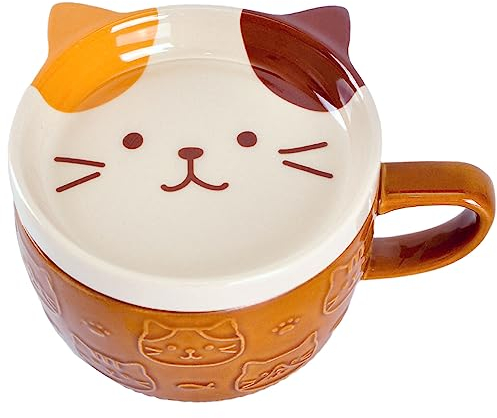 WHJY Tasse à café en céramique avec couvercle, motif chat kawaii avec couvercle, cadeau fantaisie japonaise pour les amoureux des chats – 295 ml