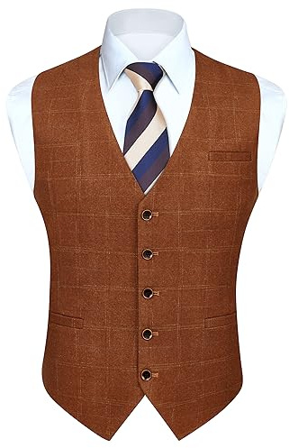 HISDERN Gilets Hommes Mariage Costume Gilet Sans Manche Business Formel Carreaux Classique Orange brûlée L