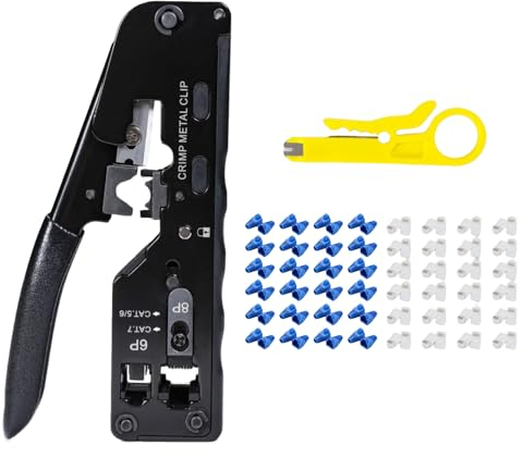 QSFPTEK RJ45/RJ11/RJ12 Pinza Crimpatrice, Cable RJ45 Connettore para Cat5/5e/6/6a/7/8 Modular Incluye 1*Negro crimpatura, 1*Cuchilla Reemplazo, Mini Pelador Cable,50*Conectore, 50*Funda