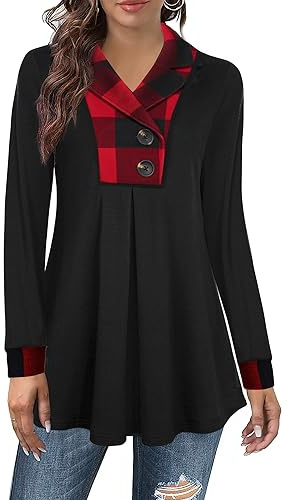 Datuhao Tunique à manches longues pour femme - Élégant - Décontracté - Col à revers - Avec boutons, Carreaux noirs et rouges, XL