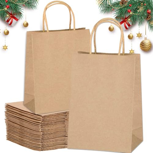 MULEVIP Sacchetti di Carta con Manici - 40 Pezzi per Regalo, Feste, Natale, Halloween - Kraft (21 x 11 x 27 cm)