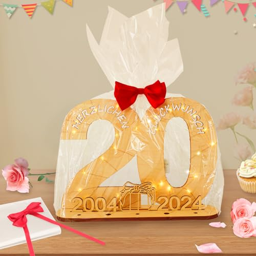 Seutgjie Deko 20 Geburtstag Mann Frau Originelles Geldgeschenke Holzschild Gästebuch zum Porzellanhochzeit Jubiläum Tischdeko mit LED Lichterkette